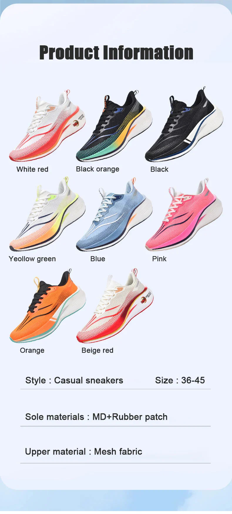 Fashion men's and women's sports running shoes casual breathable mesh surface carbon plate support wear-resistant rubber outsole