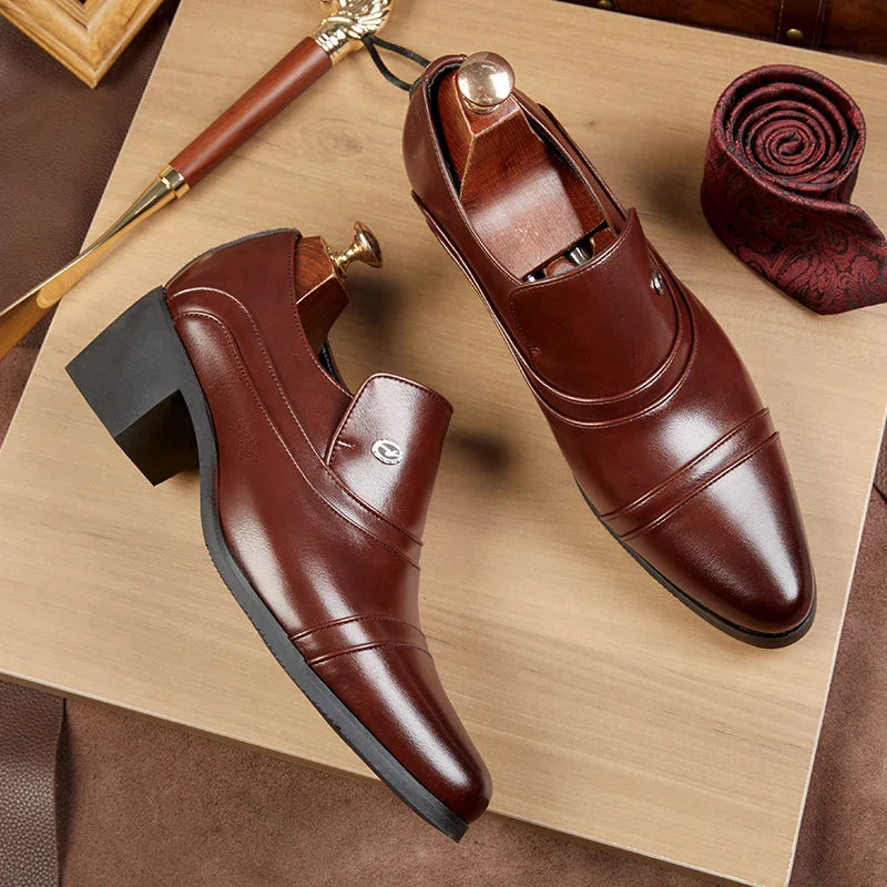 Men Business Formal Height Increasing Leather Shoes Classic Retro Elevated Loafers Lift Dress Shoes for Wedding Banquet Office