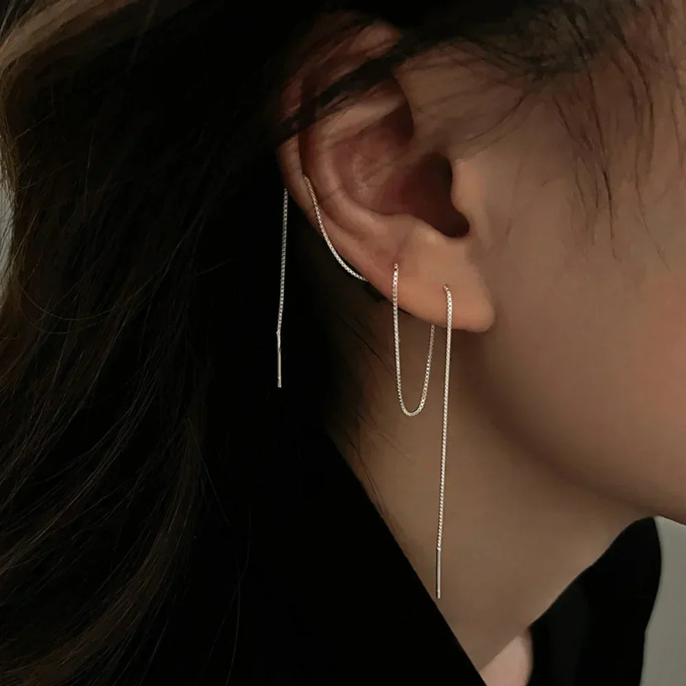 Retro Classic Long Tassel Ear Line Drop Dangle Earring for Women Charm Silver Color Stainless Steel Chain Hanging Earing Jewelry