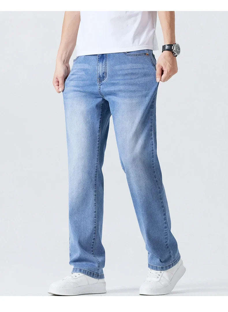 Summer Thin Straight Jeans Men's Clothing Soft Breathable Trousers Male Brand Comfortable Business Loose Denim Pants