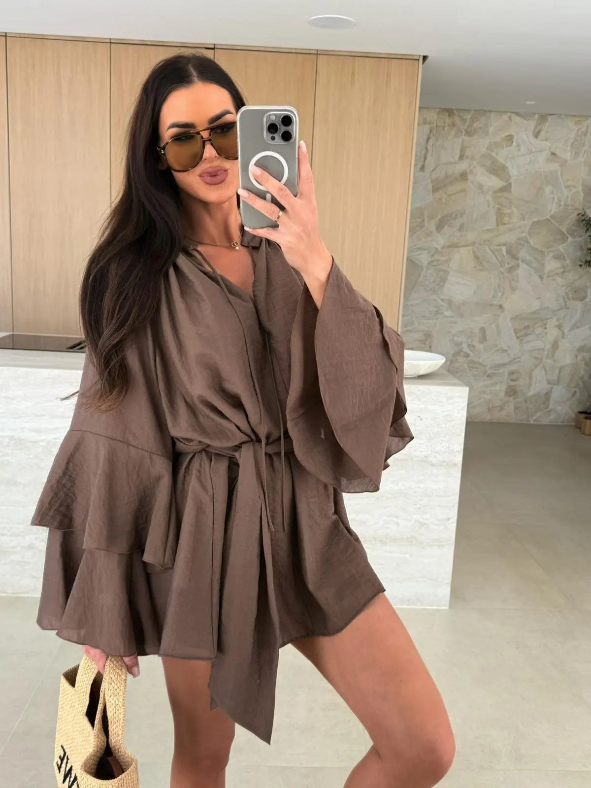 2026 Autumn Ruffle Loose Mini Dress Casual Flare Sleeve Holiday Dresses Sexy Deep V-neck Lace Up Solid Women's Dress Vestidos