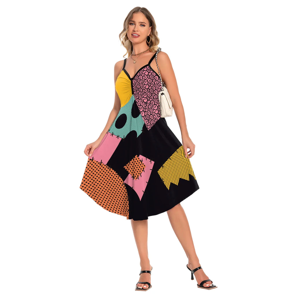 Halloween Nightmare Christmas Sally Dress Spaghetti Strap Women's Sexy Backless Dresses Patchwork Vestidos