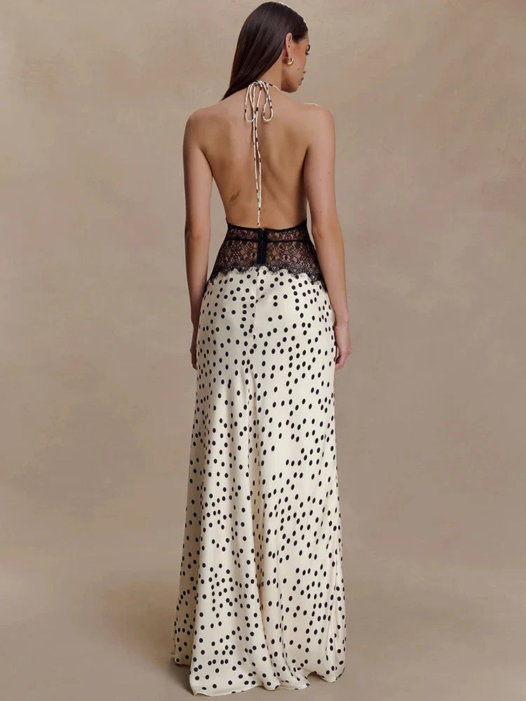 Polka Dot Backless Sexy Maxi Dress Women Gown Elegant Patchwork Lace Halter Deep V Neck Sleeveless Bodycon Club Dress