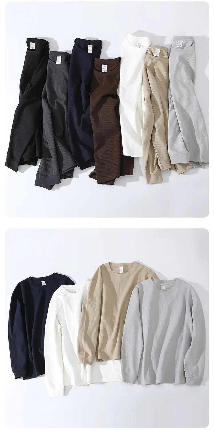 Autumn Lightweight Waffle Knit Base Layer Top  Men - Fashionable Loose Fit Versatile Long-Sleeved Round Neck T-Shirt/Sweatshirt