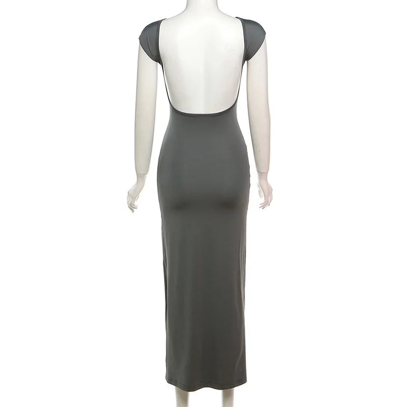 Elegant Women Dress Basic Short Sleeve Sexy Backless Slim Fit Summer Casual Vintage Gothic Streetwear Long Dress