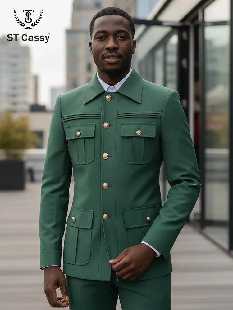 Two-piece dress black slim fit mens suits Classic Fit Multi Buckle Multi Pocket Solid Color Casual Business man blazer