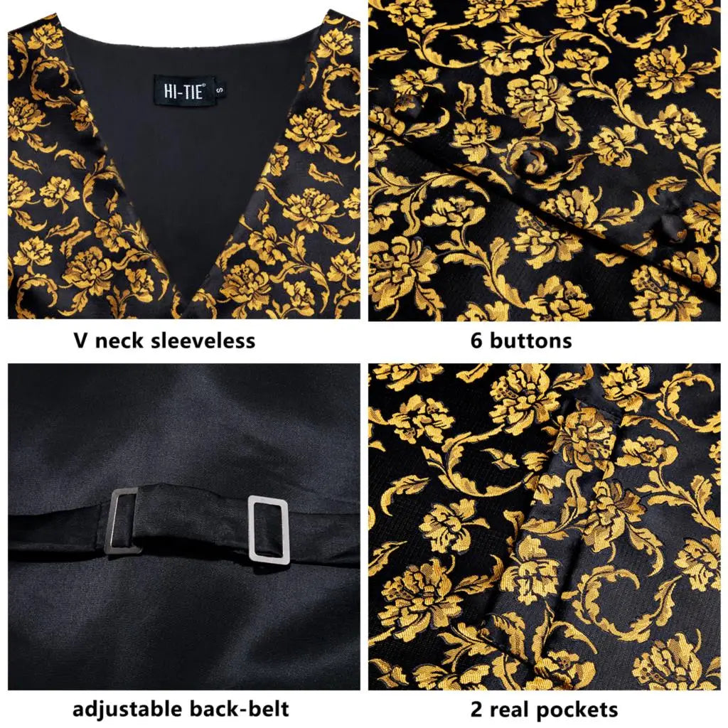 Fashion Silk Vest For Men Classic Gold Champane Yellow Waistcoat Jacket Tie Hankerchief Cufflinks Sets Dress Suit Wedding Hi-Tie