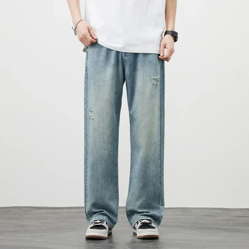 Korea Baggy Cargo Jeans Men Vintage Straight Ripped Y2k Pants Fashion Frayed High Street Distressed Denim Trousers Male Clothes