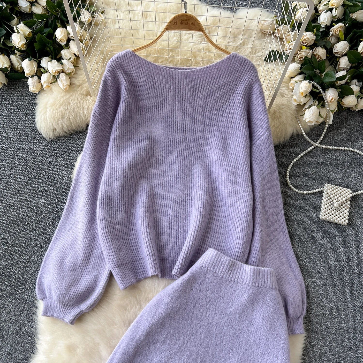 Autumn Casual Two Pieces Sets Women O-Neck Loose Knitting Top+Elastic Waist Large Swing Skirt Basic Korean Winter Sets