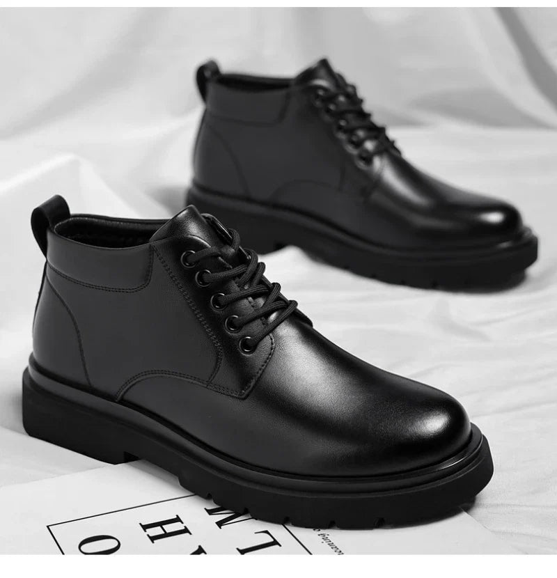 Mens Black Leather Lace Up Mid Top Boots Winter Warm Formal Business Office Wedding Shoes Black Work Boots Fashionable Dad Shoes