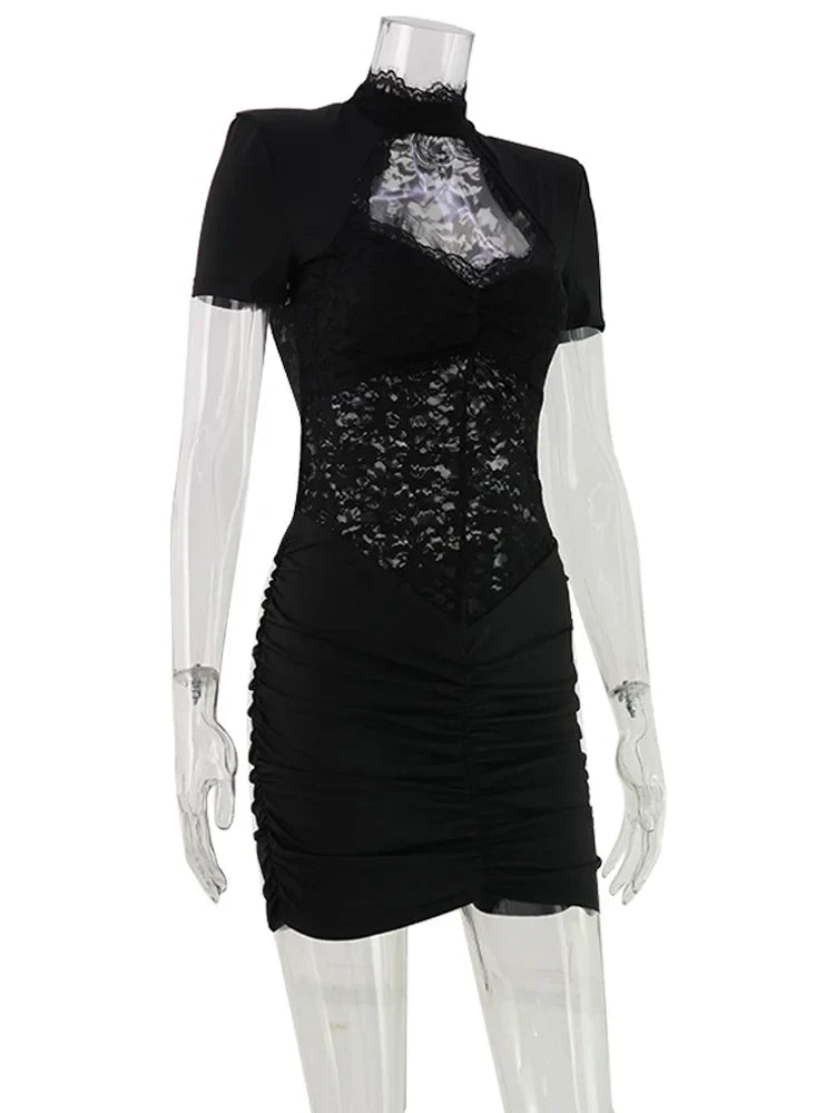 Lace Patchwork Hollow Out Women Dresses Short Sleeve Hip Wrap Sheath Trendy Hot Girl Sexy Club Outfits Female Bodycon