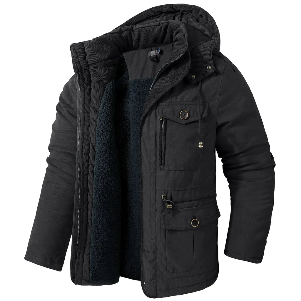 Men's Jacket WINTER USA SIZE Large SIZE Lamb Fleece JACKETS Hooded Cotton Thickened Multi Pocket Casual Mid length Coat