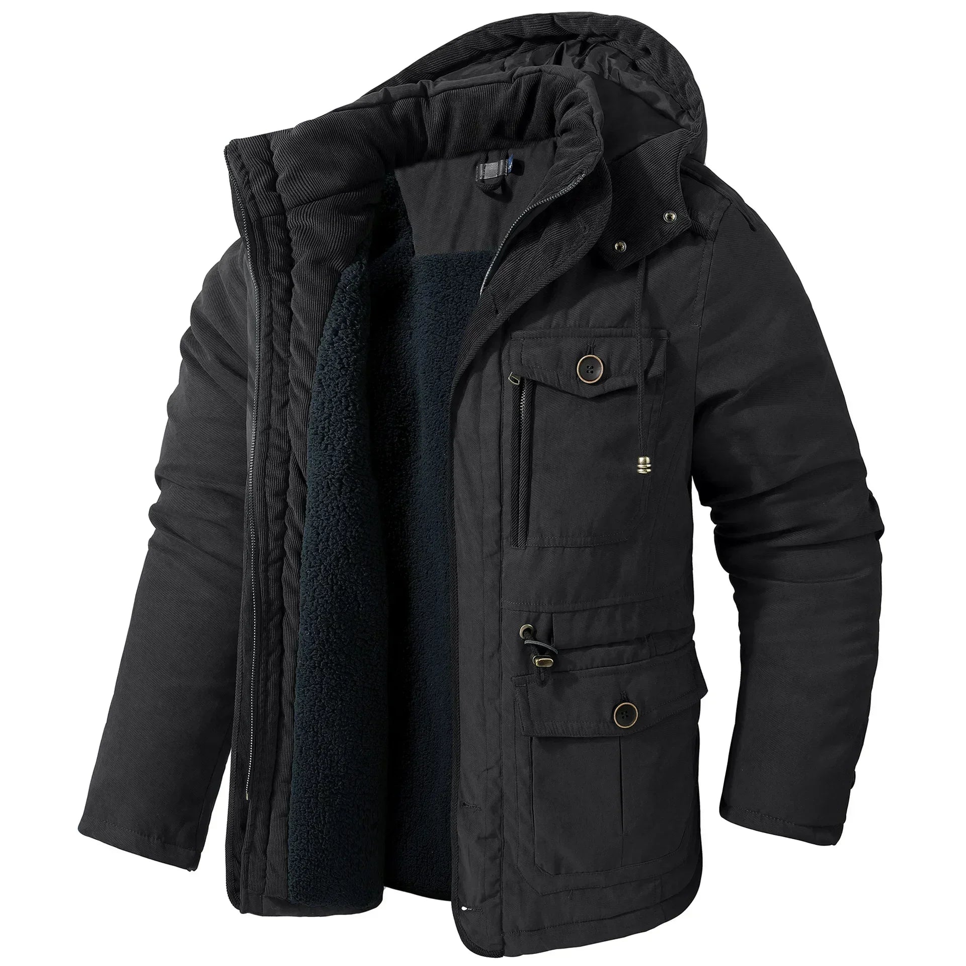 Men's Jacket WINTER USA SIZE Large SIZE Lamb Fleece JACKETS Hooded Cotton Thickened Multi Pocket Casual Mid length Coat