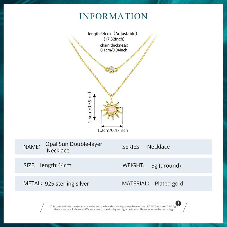 925 Sterling Silver Pink Opal Sun Double-layer Necklace Link Chain with Zircons 18K Gold Plated Pendant for Mother's Gift