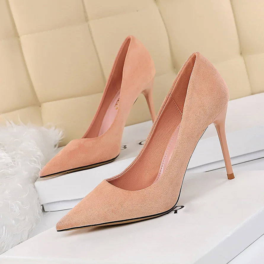 Women 9cm High Heels Pumps Stripper Flock Suede Plus Size Escarpins Lady Wedding Bridal Heels Escarpins Green Blue Yellow Shoes