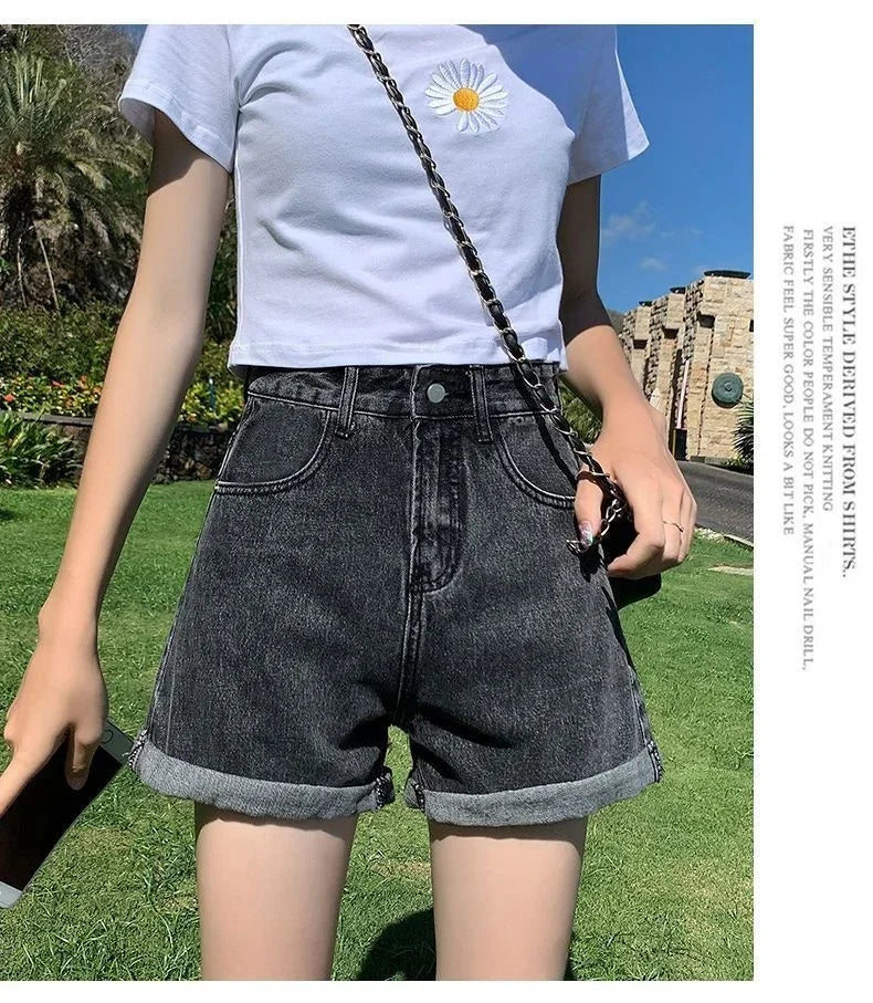 Summer Thin Style Korean Version High Waist Slimming Denim Shorts for Women Loose Line Outer Wear Rolled Edge Wide Leg Hot Pants
