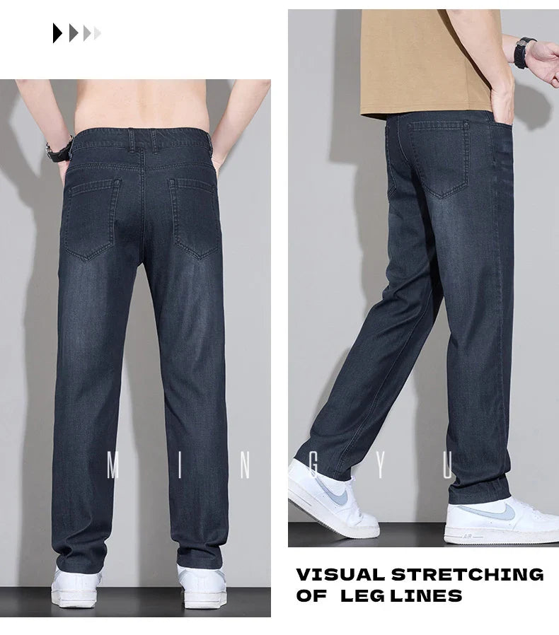 Spring Summer High Quality Lyocell Fabric Men's Jeans Classic Business Straight Denim Pants Work Trousers Male Plus Size 29-40