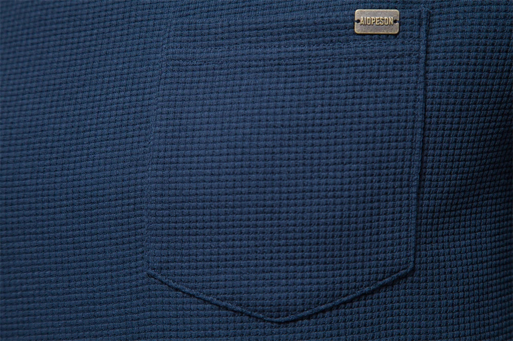 Waffle Cotton Solid Color Men Tshirts Single Pocket Long Sleeve Tee Shirts for Men New Spring Basic Breathable Tops Men
