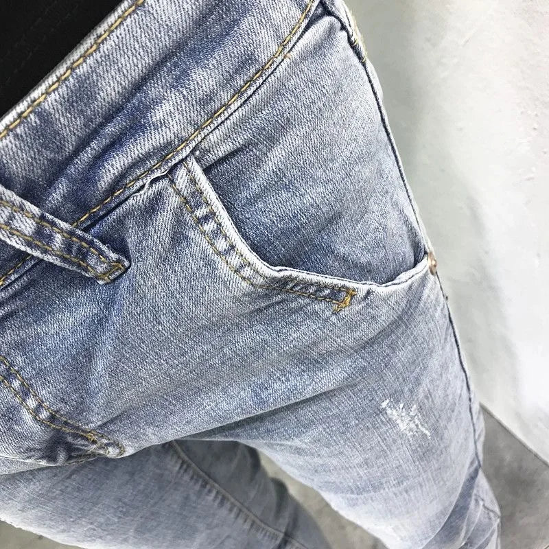 2024 Spring and Autumn New Fashion Trend Solid Color Elastic Small Legs Men's Casual Slim Comfortable High Quality Denim Pants