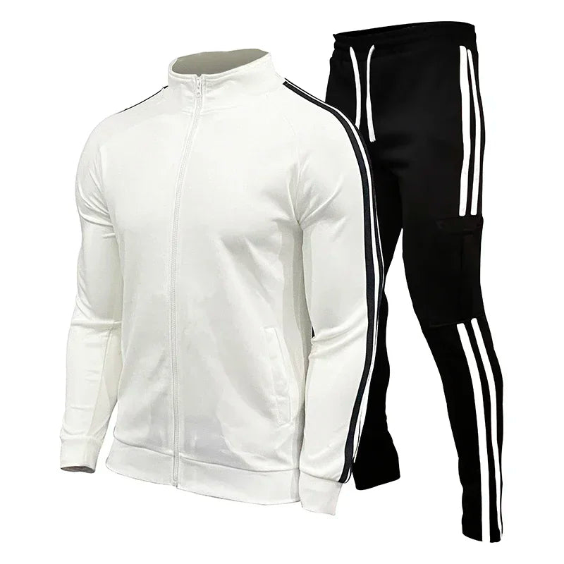 Spring and Autumn Men's Cardigan Striped Stand up Collar Sports Set Outdoor Jogging Cycling Mountaineering Two Piece Set