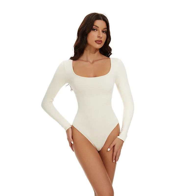 GUUDIA Spandex Elastic Body Suit Shapewear Women Body Shaper Tummy Control Long Sleeve Open Crotch Big U Neck Seamless Shapers