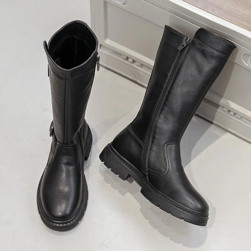 Size 38-46 Men's Fashionable High-Top Leather Boots Genuine Cowhide Shoes Side Zipper Thick-Sole Cowboy Boots for Everyday Wear