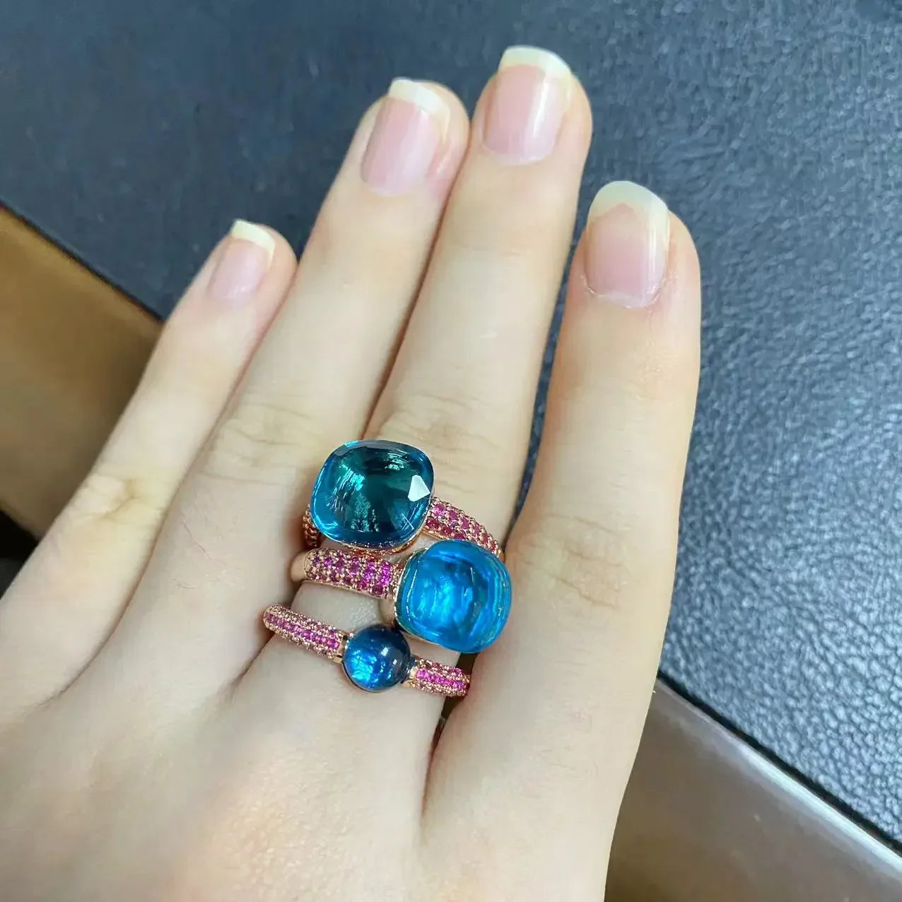 3Pcs/Set Nudo Ring Stacking Set for Women Mix Color Candy Crystal Inlay Zircon Amethyst Blue Topaz Round Jewelry Gift
