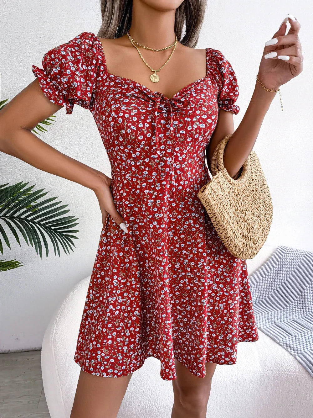 Women Casual Square Neck Flare Short Sleeve Floral Dress Elegant A Line Dress for Spring Summer 2026 Fashion Woman Clothing