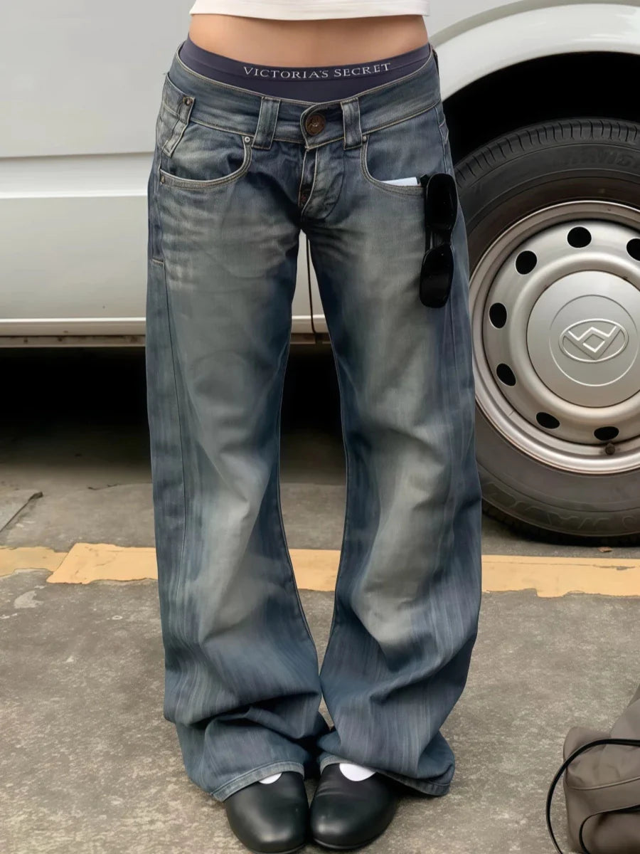 2025 Autumn Winter Women's Low Rise Denim Pants Vintage Simple Y2K Baggy Wide Fit Jeans Harajuku Cowboy Streetwear 2000s Japanes