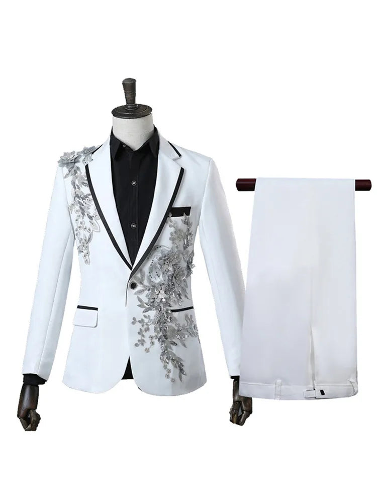 Elegant Appliqued Two-piece Men's Suit for Wedding Banquet Host Dance Prom Christmas Costume Men Blazer Chinese Style