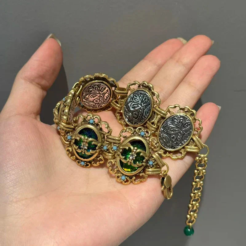 Vintage Green Opal Bracelet Natural Stone For Women Accessories Retro Jewelry Antique Gold Color Hollow Flower High Quality