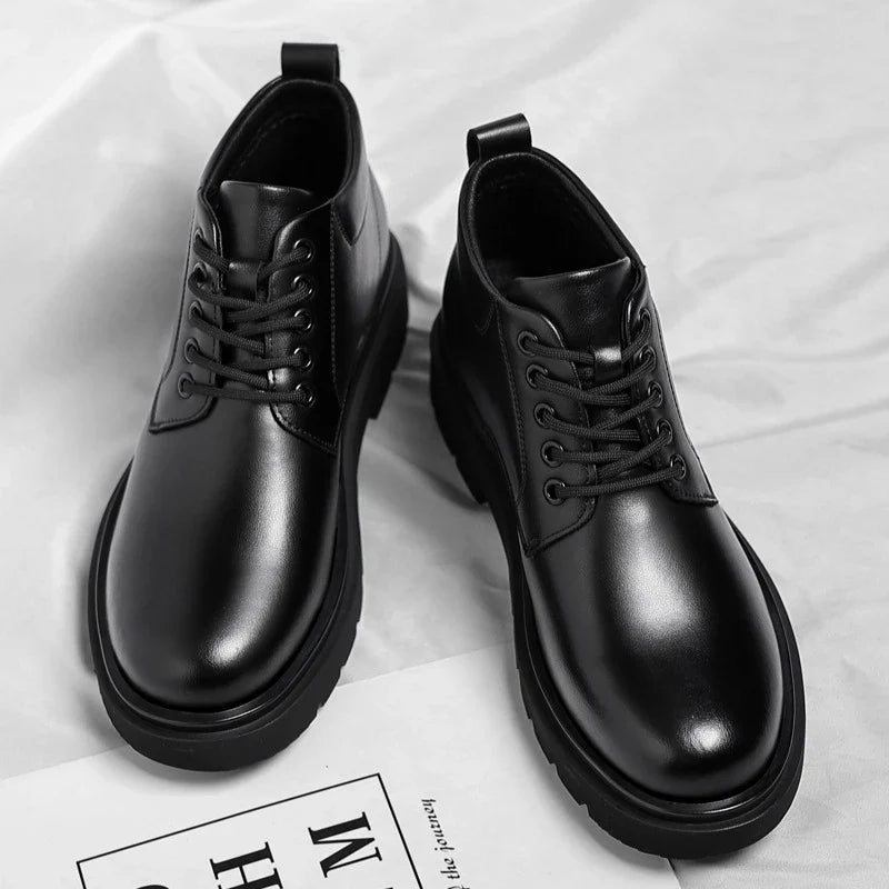 Mens Black Leather Lace Up Mid Top Boots Winter Warm Formal Business Office Wedding Shoes Black Work Boots Fashionable Dad Shoes