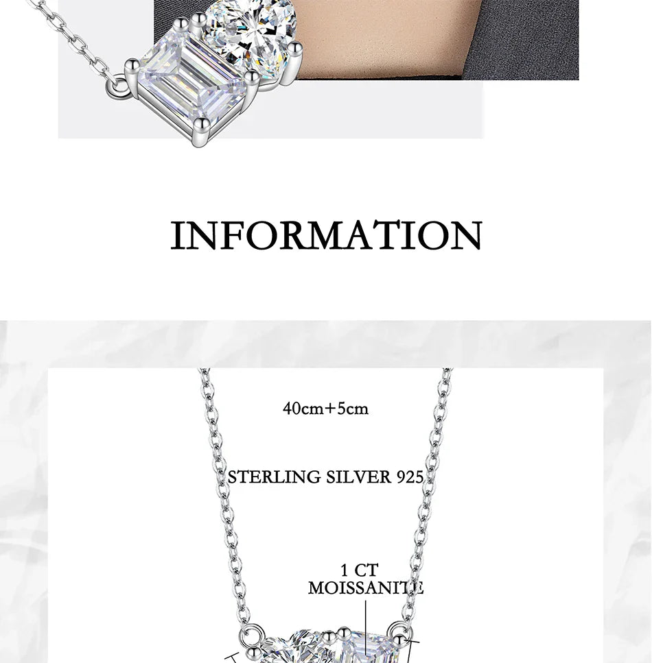 Radiant Emerald Cut 2CT Moissanite Necklace for Women S925 Pure Silver Heart Diamond Pendant Fashion Wedding Jewelry