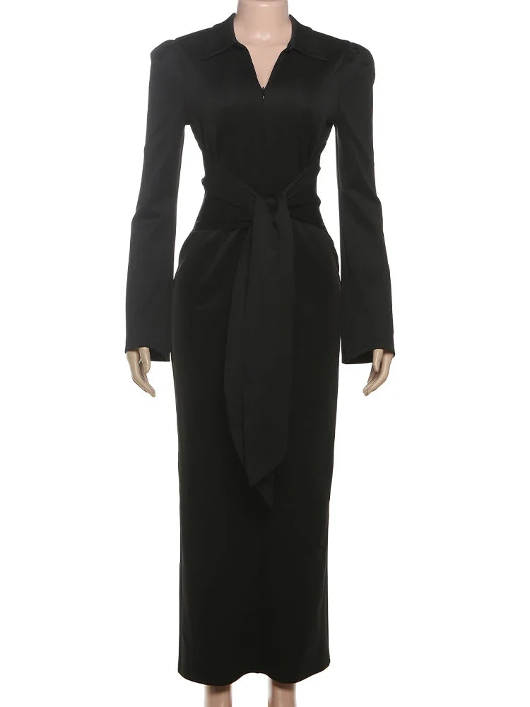 Sexy Maxi Dress Women Shoulder Padded Zip Wrapped Bandage Long Sleeve Slit Elegant Solid Office Simple Skinny Bodycon
