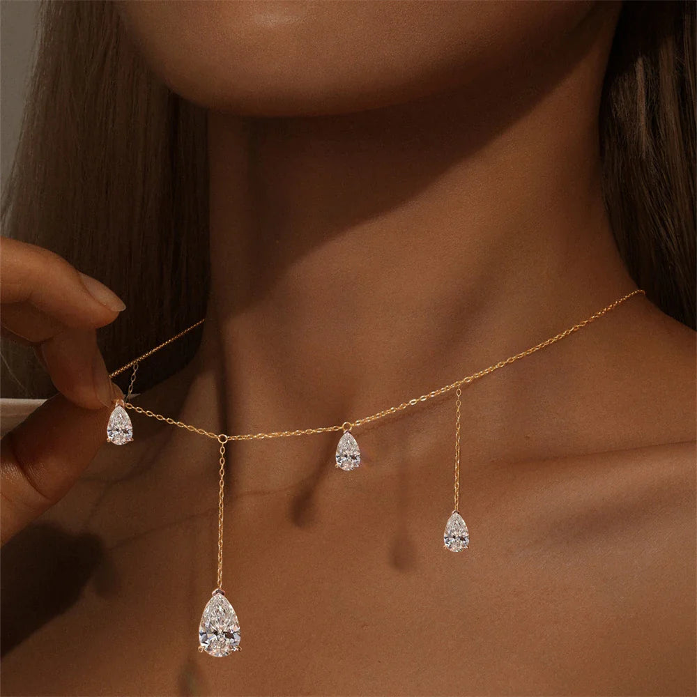 0.5/2Carat Pear Cut Moissanite Drop Necklace With Certificate S925 Silver Long Tassel Neckchain Fine Jewelry For Women