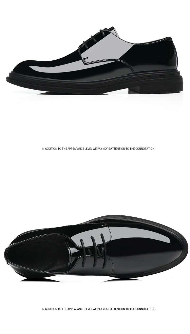 Mens Black Patent Leather Lace Up Dress Shoes With Thick Sole Platform Block Heel Formal Business Wedding Party Office Work Shoe