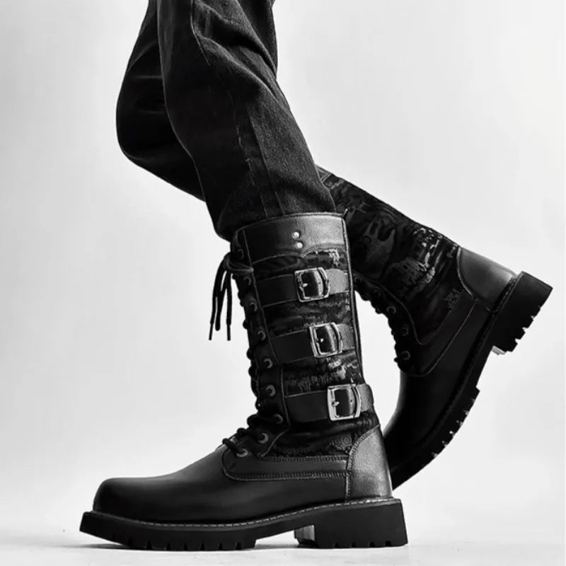 Men's High-top Boots Fashion Street Rock Punk Boots Motorcycle Boots for Men Lace-up Platform Boot Mid-Calf Casual Leather Botas
