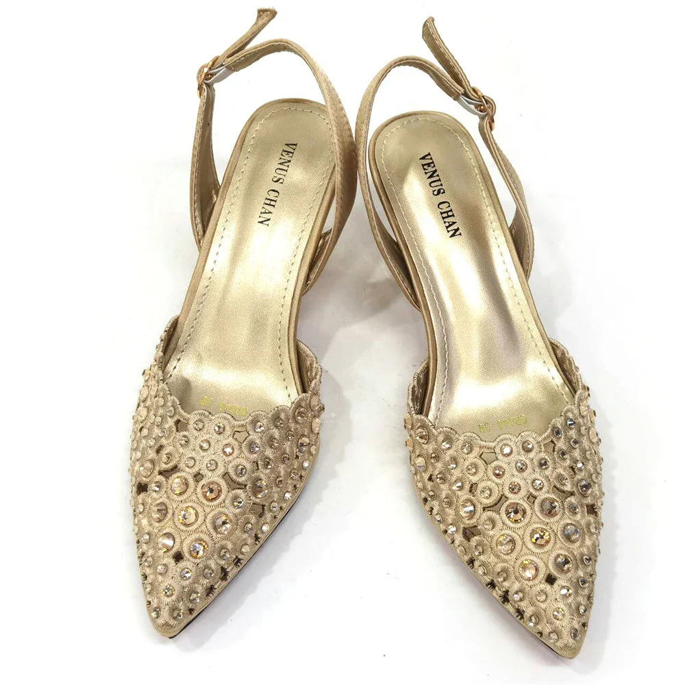 High Heel Gold Color Atmospheric Luxury Pattern With Rhinestones Party Ladies Shoes