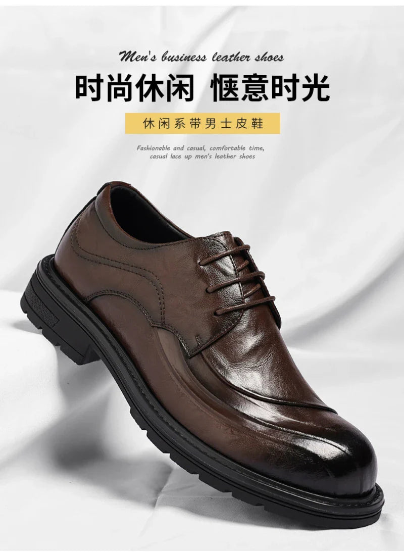 Brown Burnished Genuine Leather Lace Up Chunky Sole Formal Business Office Groom Wedding Daily Wear Shoes Fashion Comfortable