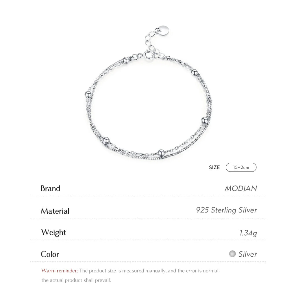 Silver Double Layer Beads Link Chain 100% 925 Sterling Silver Trendy Simple Female Bracelet For Women Wedding Jewelry
