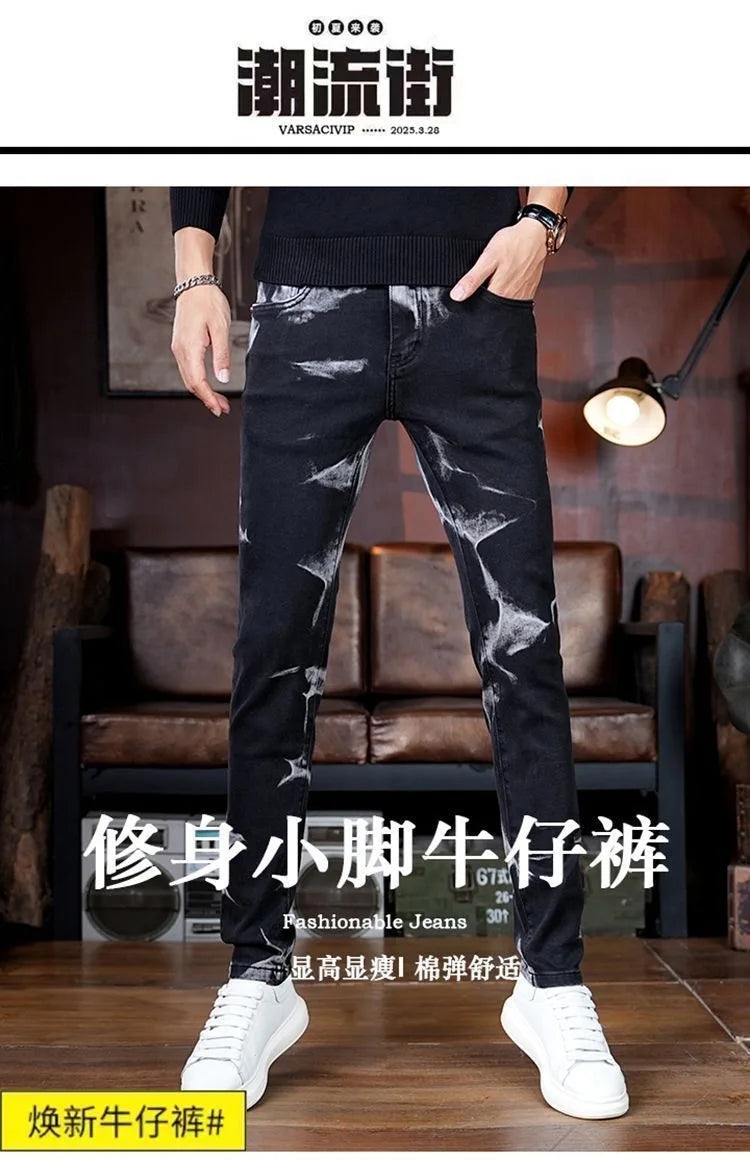 Spring and Autumn New Fashion Trend Retro Printed Straight Leg Elastic Jeans For Men's Casual Sports Comfort High-Quality Jeans