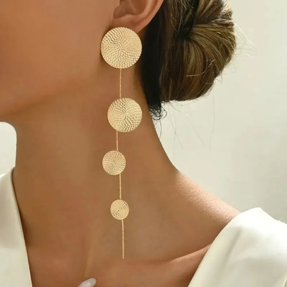 Temperament Fashion Metal Hammering Pattern Geometric Circular Long Tassel Creative Spliced Stud Earrings for Women Jewelry Gift