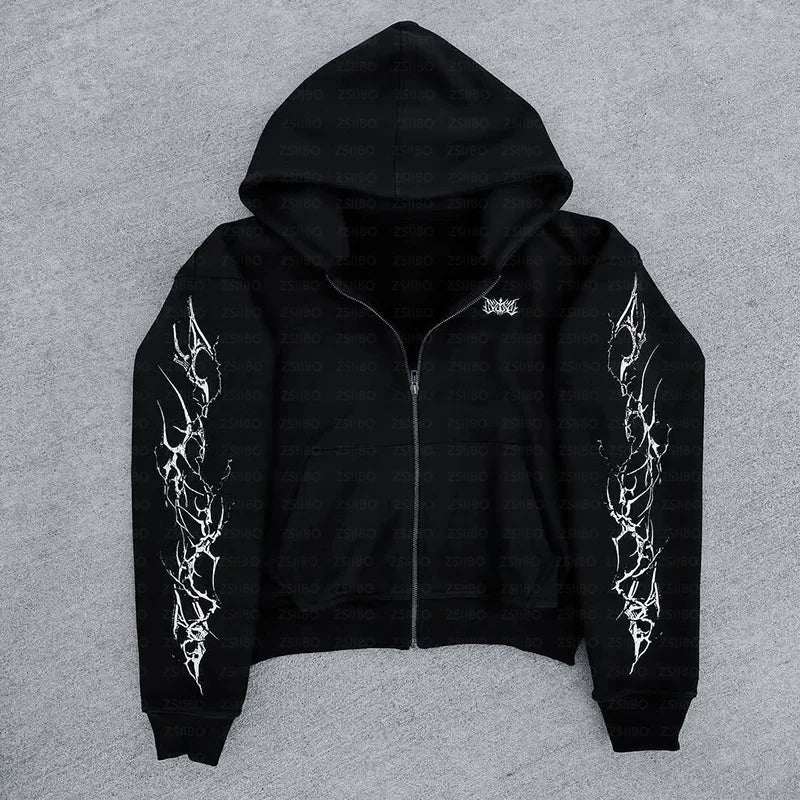 2025 new European and American retro punk complex design printed zipper cardigan hoodie trousers sweatpants suit street wear