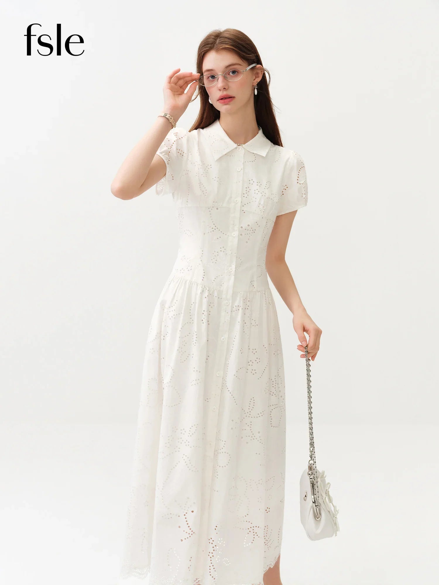 Women's Light French Style Cotton Lapel Hollow-out Print Waist-Fitted Short Sleeve Shirt Dress 2026 Summer New Arrival