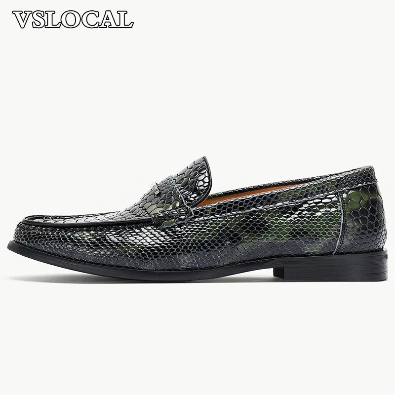 Luxury Men Loafers Shoes Slip On Snake Prints Casual Mens Dress Shoes Wedding Office Banquet Genuine Leather Shoes Men