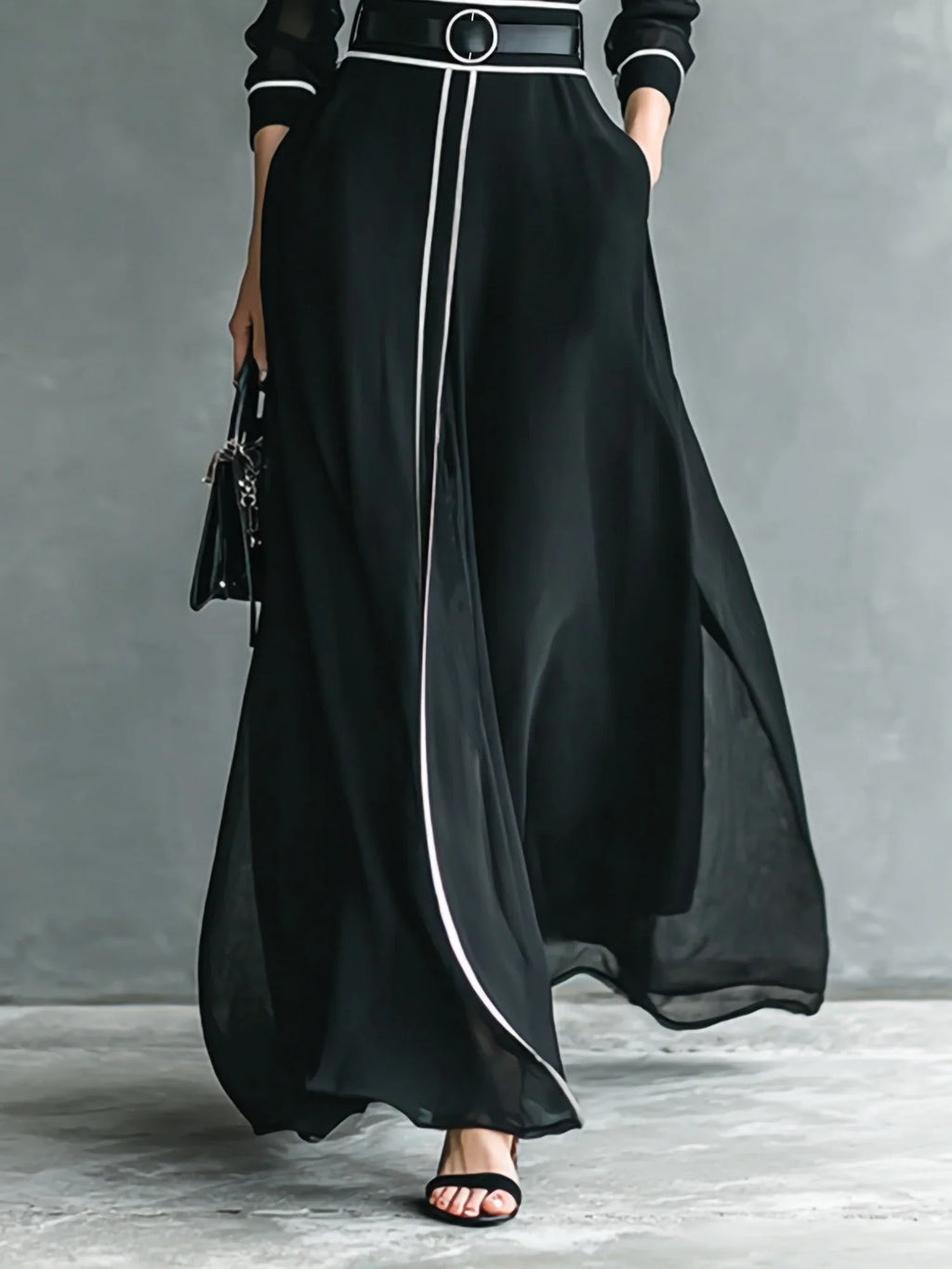 French Elegant Chiffon Maxi Dress, High Neck Long Sleeve with White Piping Trim, Ideal for Office, Business, Banquets & Parties