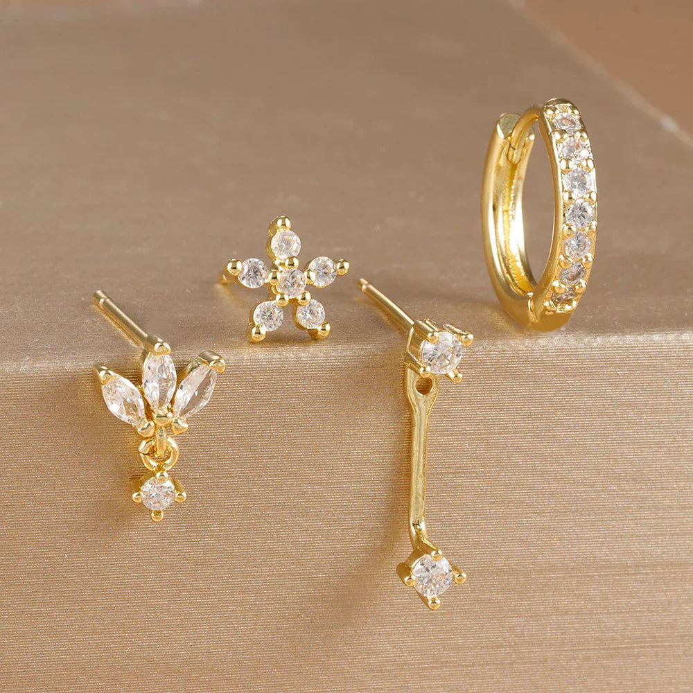 4PCS Stainless Steel Circle Huggie Hoop Earrings Set for Women Gold Color Unique Zircon Flower Stud Earring Piercing Jewelry