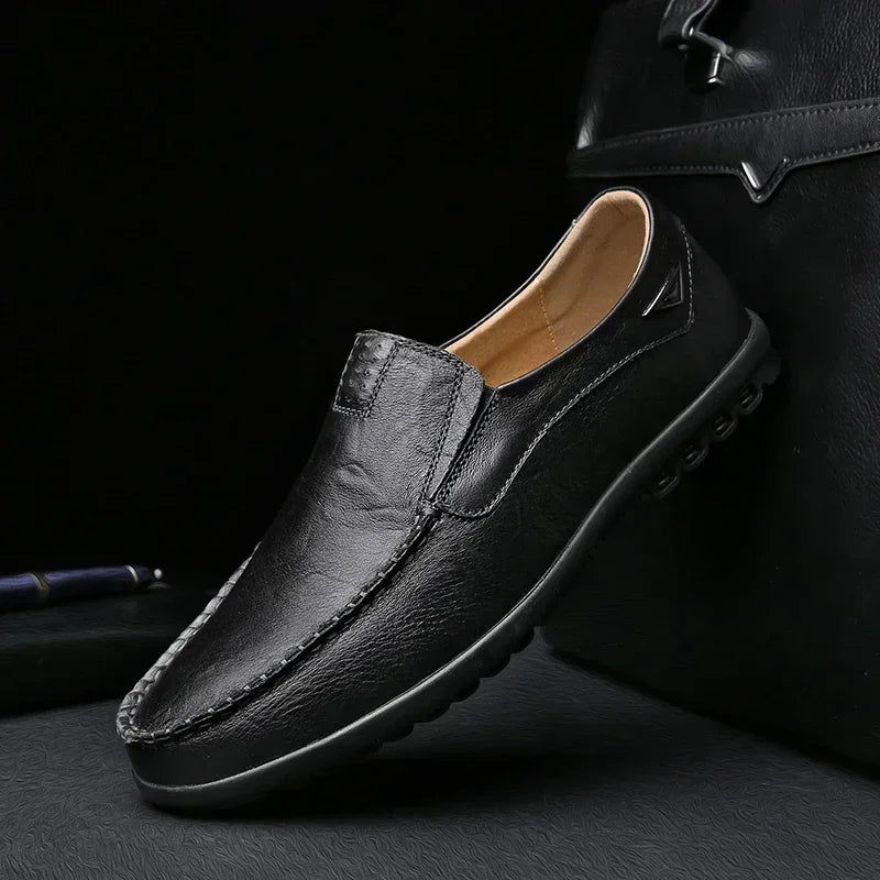 Men’s leather loafers dress shoes casual formal cowhide slip-on brown