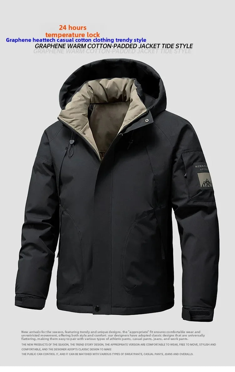 Thick Padded Waterproof Jacket Men Outdoor Softshell Zip Up Hooded Jacket Windbreaker Hiking Camping Coat Autumn Winter Overcoat