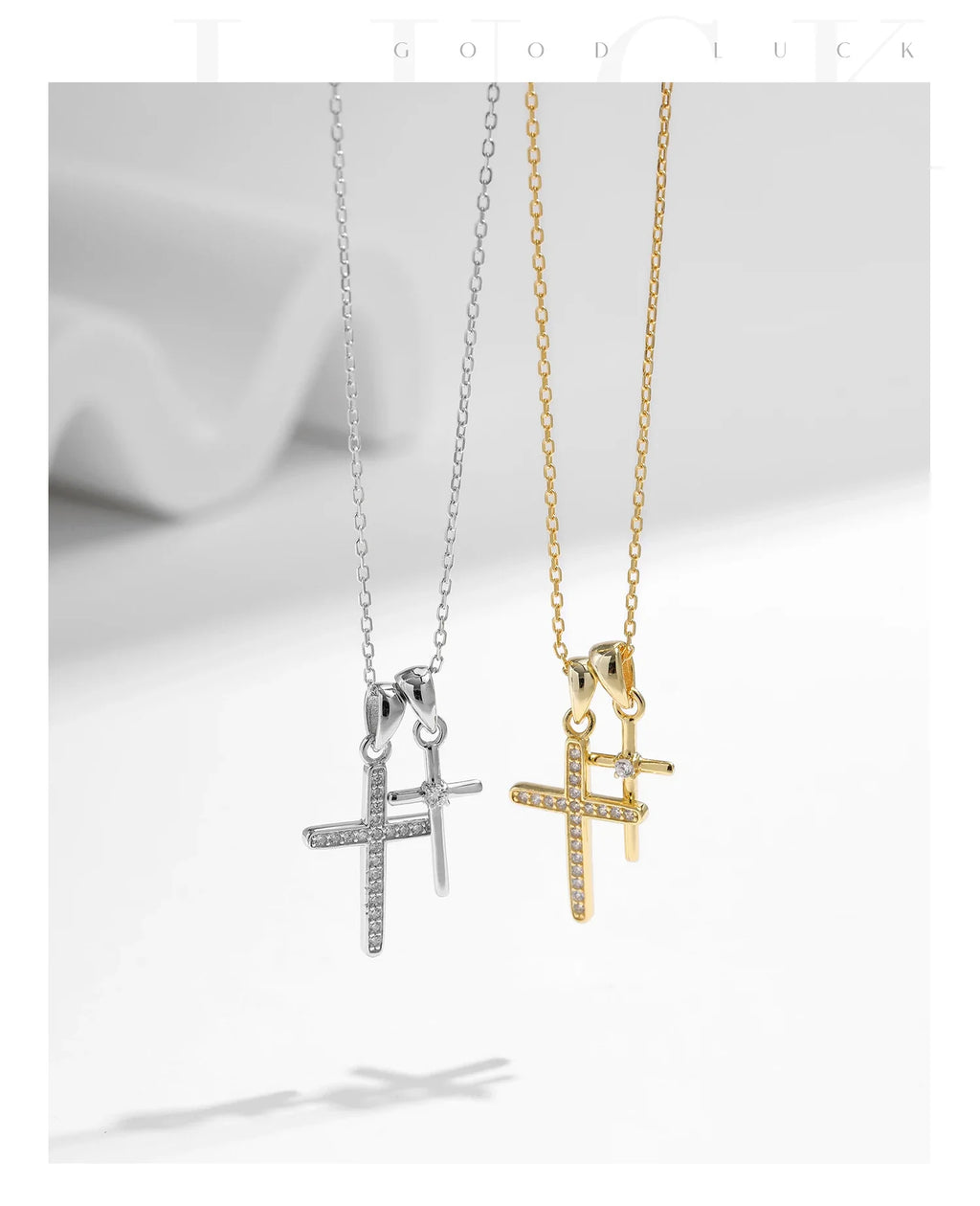925 Sterling Silver Classic Delicate Double Cross Zircon Link Chain Pendant Necklace For Women Fine Jewelry Gifts